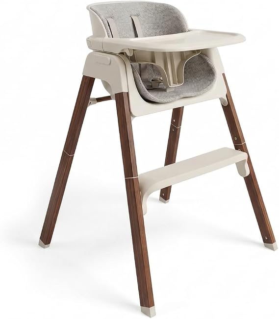 Venture Neyo 2-in-1 Foldable High Chair for Baby and Toddler, Convertible Baby Highchair with Wood Effect Legs, Removable Tray & Cushion, 5 Point Harness, Compact Folding (Beige)
