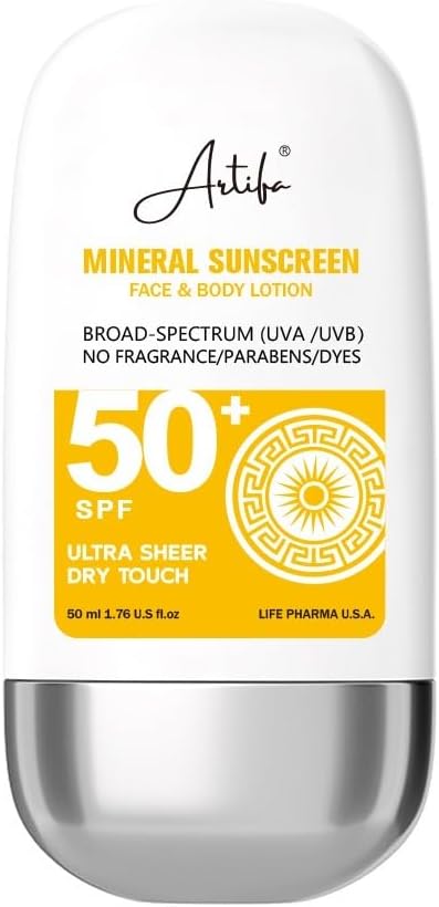 Mineral Unscented Sunscreen Lotion Broad Spectrum UVA/UVB SPF 50 1.69 US FL OZ 50 ml Paranba-Free, Non-Greasy Dry Touch, Sweat and Water Resistant
