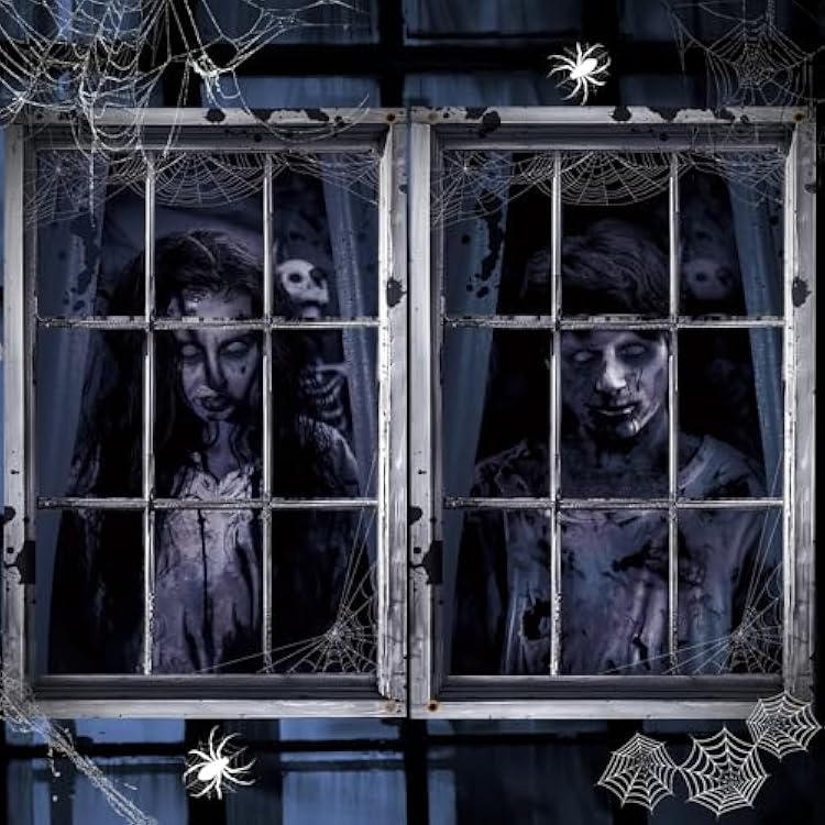 Preboun 2 Pcs Halloween Ghost Window Decoration Scary Halloween Window Silhouette Cover Curtain Poster for Wall Garage Door Home Indoor Outdoor Party Favors