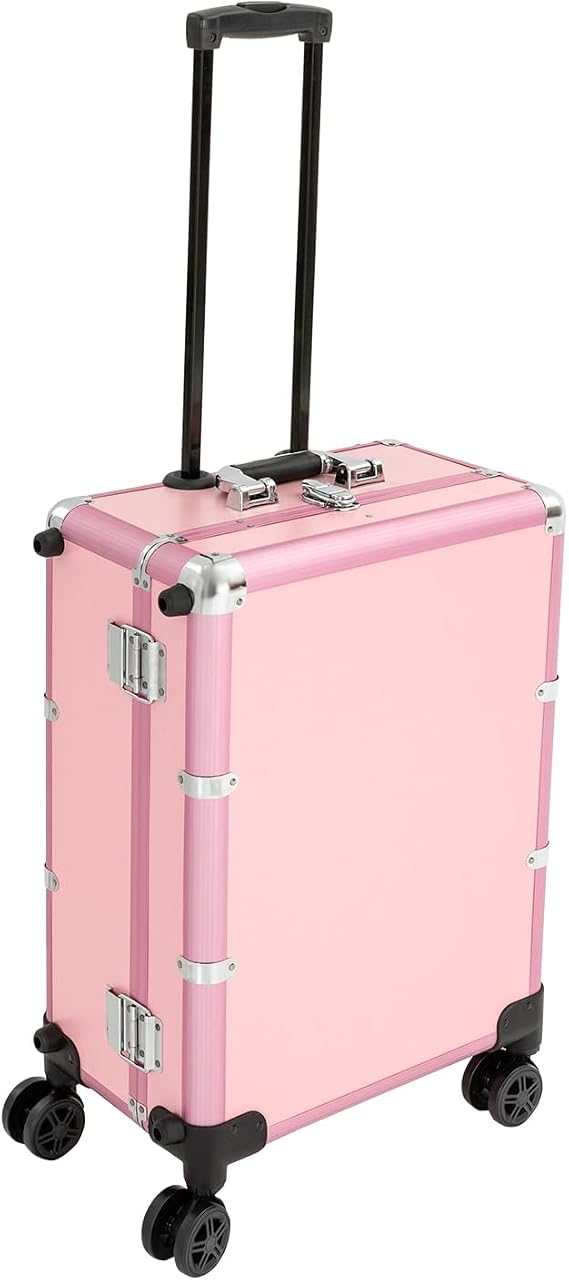 Aluminum Trolley Rolling Makeup with 3 Colors Led Light Mirror Professional Cosmetic Travel Box Portable Vanity Cosmetology Case On Wheels Nail Salon Beauty Vanity Pink