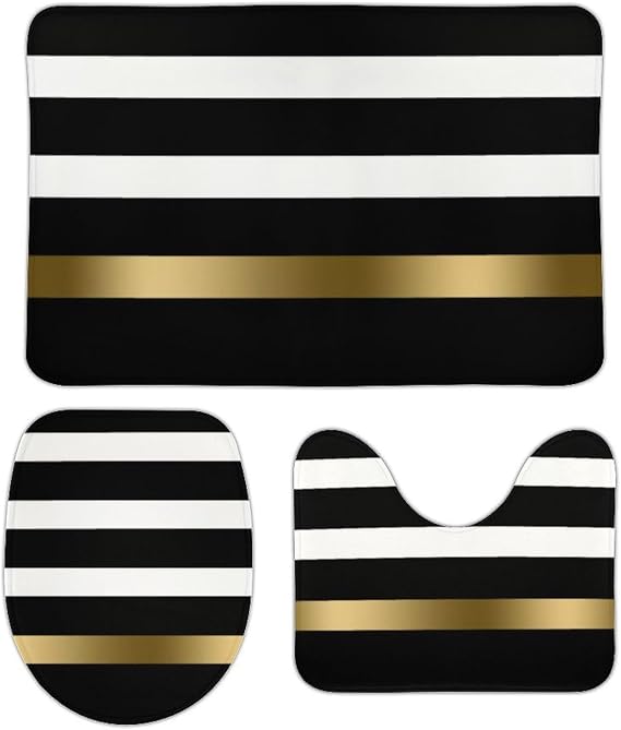 3 Pieces Bath Rug Sets, Black and White Stripes Pattern Gold Bathroom Mat Set Non Slip U Shaped Contour Rug & Toilet Lid Cover