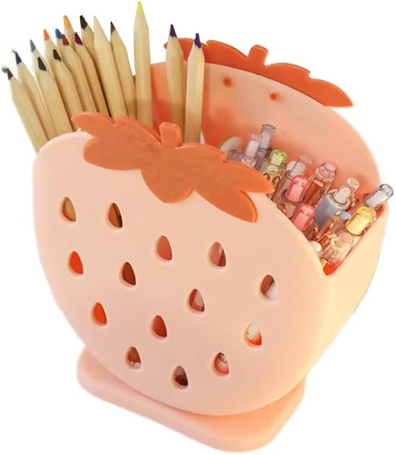 Cute Strawberry Shaped Pen Holder Desk Organizer with 2 Compartments Pink Pencil Holder Makeup Brush Storage for Office Desk Organization Home Decor for Women