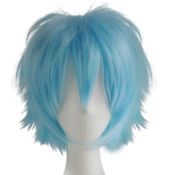 LABEAUTE Short Aqua Blue Anime Cosplay Wig Male Men Anime Layered Unisex Heat Resistant Hair Wig with Bangs for Party and Halloween for Gift + Free Cap