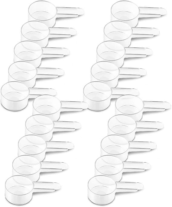 20 Pack Tablespoon Measuring Spoons, 1 Tbsp (15 mL) Plastic Coffee Scoops | Clear short-handle 1 tbsp scoops for coffee, loose tea, protein powder, spices, baking ingredients, and powdered supplements.