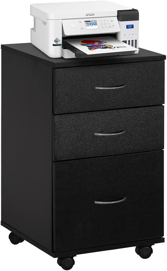Basicwise Black 26-Inch Mobile File Organizer Cabinet with 3 Drawers and Rolling Casters - Perfect for Home Office and Workspace - Fits Under Desk for Convenient Storage of Letters and Documents