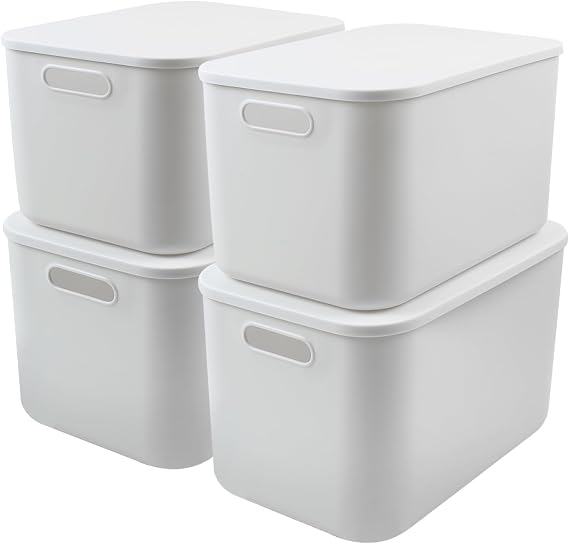 4Pcs Plastic Storage Boxes with Lids, 23L Stackable Storage Baskets with Handles, 37x26x24cm Cupboard Organiser, White Organizer Containers for Bathroom, Kitchen, Office, Living Room