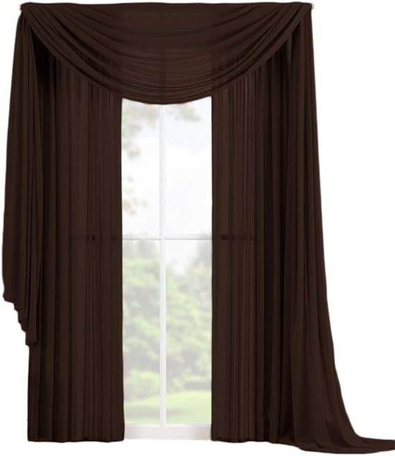 3 Piece Elegant Sheer Voile Window Curtain Panel Drape Set includes 2 Panels and 1 Matching Scarf (120" Length, Chocolate)