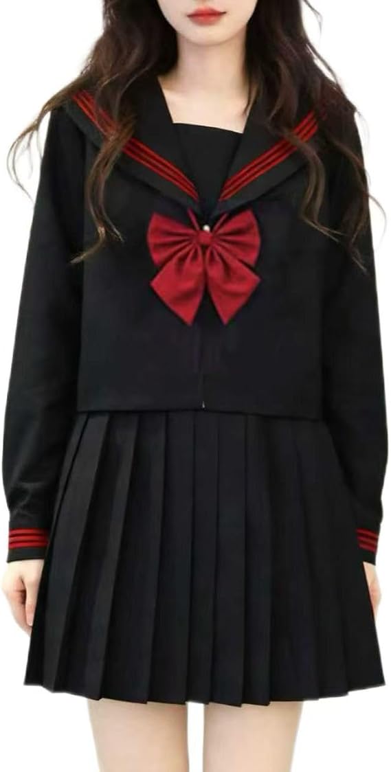 Women's Black Sailor Collar JK Uniform Set Long Sleeve TopPressed Pleated Skirt Set Student Cosplay Costume