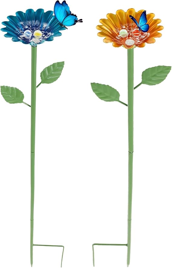 Metal Bee Watering Station, Insect Drinking Cups for Garden, Rustproof Flower Shaped Bee Feeder, Waterproof Colorful Butterfly Feeders for Outdoor Yard Decor(2Pack)