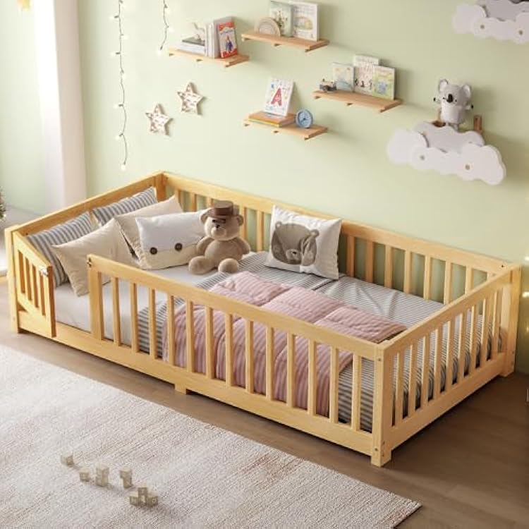 SOFTSEA Montessori Bed with Door and Guardrails, Solid Wood Low Bed Frame with Fence, No Box Spring Needed, Natural