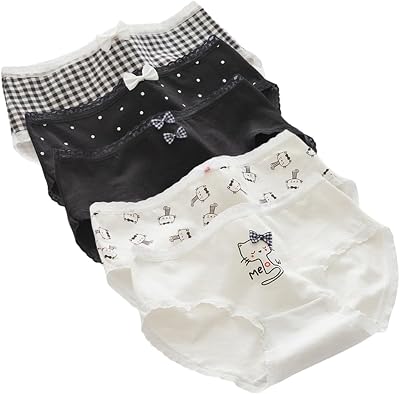 Womens Underwear Cotton Panties Cat Print Plaid Bow Knot Polka Dot Cute Kawaii Japanese Underwear 5 Pack