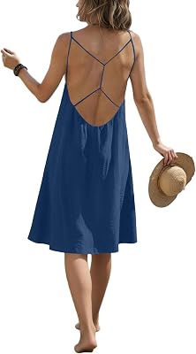 Women Backless Cami Dress Summer Casual Sleeveless House Lounge Dresses Spaghetti Strap Flowy Long Beach Sundress