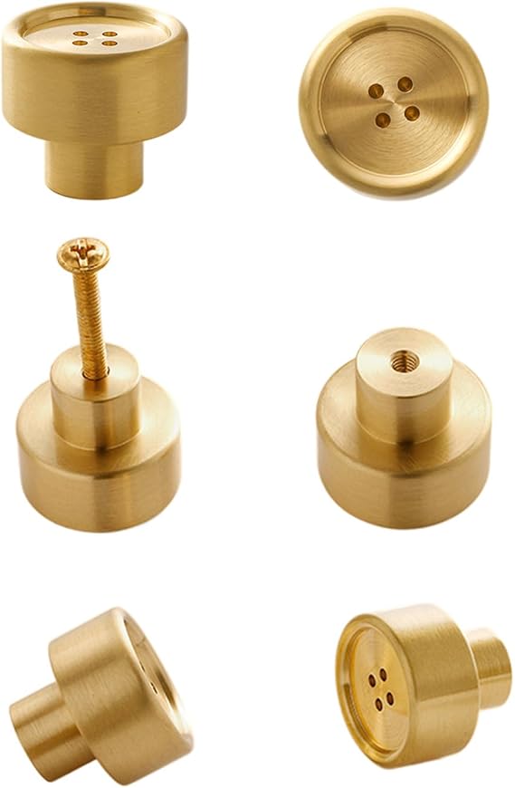 6PCS Gold Brass Drawer Knobs, Brushed Golden Brass Cabinet Knobs Button Knob Round Solid Single Hole Copper Hardware Furniture Drawer Cabinet Dresser Closet Decorative Knob Pull Handle
