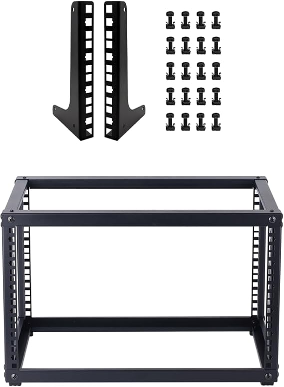 6U Open Frame Network Rack and 4U Vertical Wall Mount Rack Rails with M6 Screws & Cage Nuts, Complete Server Rack Solution for Networking, Audio, Video, and DIY Projects