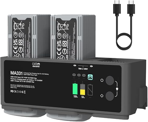ISDT MA331 Air 3/3S Charging Hub,200W 3 Channel Smart Battery Charger for DJI Air 3/3S Series,RC Charger with APP Connection/LCD Display and Discharge Function Not Include Battery