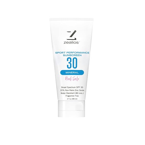 Zealios Sport Performance Mineral Reef Safe SPF 30 Sunscreen, 3 oz Tube, Water & Sweat Resistant (80 min) Non-Greasy, 20% Non-Nano Zinc Oxide, for Running, Cycling, Swimming