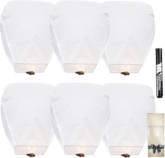 6 Pack Chinese Sky Lanterns, Latest Portable packaging, Biodegradable Eco-Friendly Chinese Paper Lanterns to Release in memory Wish for New Year, Weekends, Holidays and Festivals