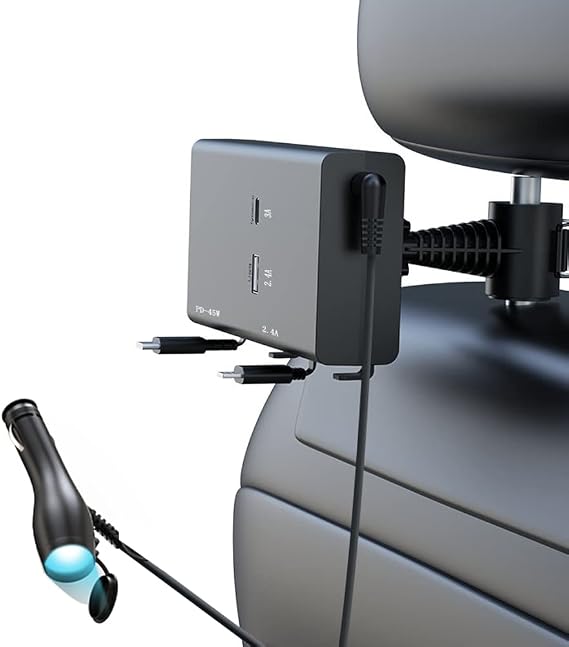 Retractable Backseat Car Charging Station Box,2 in 1 Car Charger,Max 65W Car Charger Adapter for Front and Back Seat Charging,Charging Dock Attach to Headrest,Compatible with 12-24V Vehicles