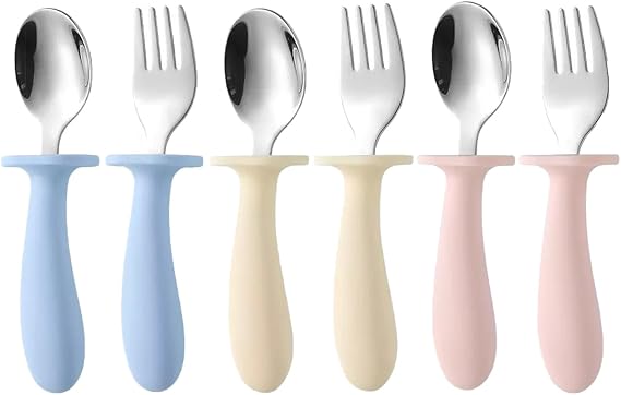 6 Pack Toddler Utensils, Kids Silverware Set with Silicone Handle, Children Safe Spoons and Forks, 18/8 Stainless Steel, Food-Grade Silicone - Dishwasher Safe (A)