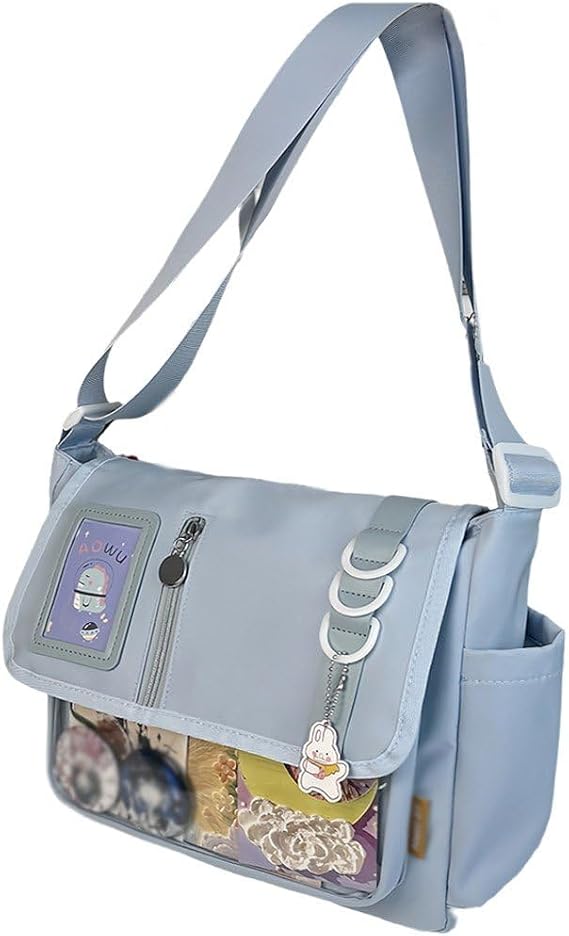 Cute Messenger Bag Kawaii Japanese Ita Crossbody Itabag, Nylon Shoulder Bag for Women Men, Blue, Medium