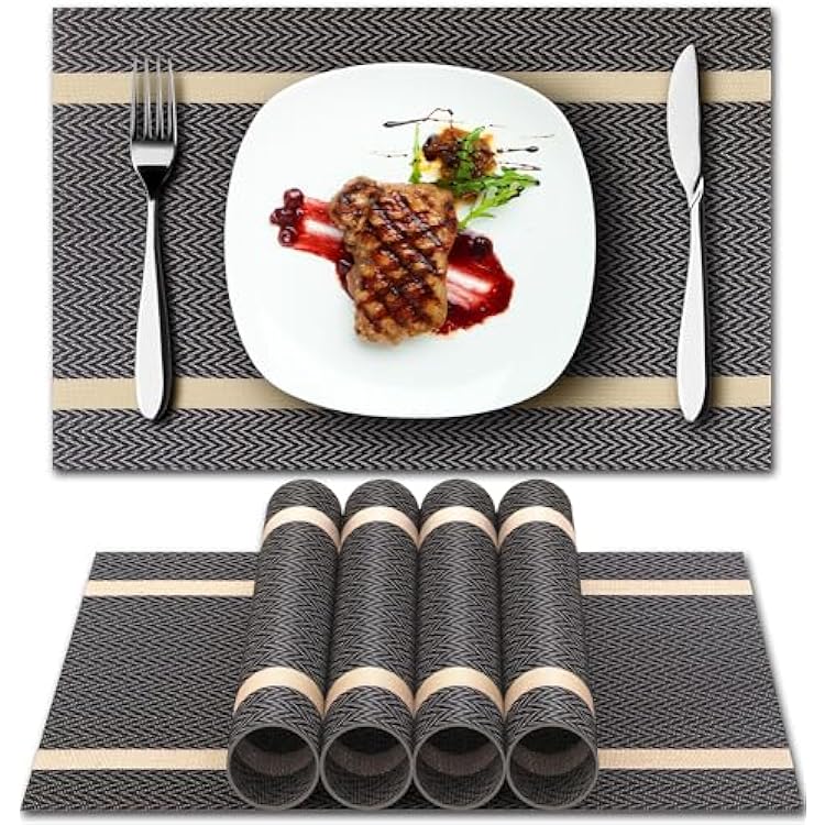 HOOMIL Placemats Set of 6, Heat Resistant up to 194F 90C, Easy to Clean, Gold-Inlaid Glitter Stripes Design, Washable Vinyl Woven Table Mats, 18 x 12 - Brown