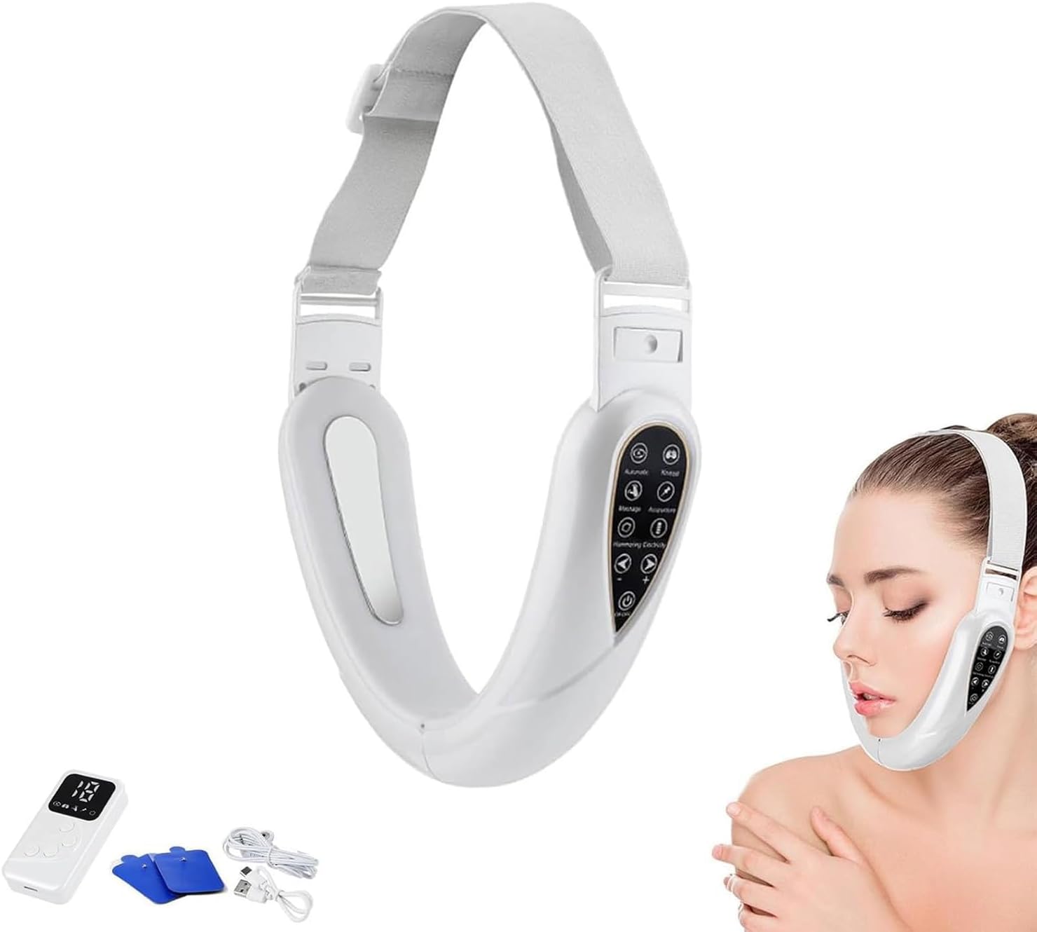 Contourflex 4-in-1 Massager for Face, Reviona Contourflex 4-in-1 Massager, V-face Electric Double Chin Device, Contour Flex Facial Sculpting Device, 5 Nursing Modes,15 Adjustable Intensities White