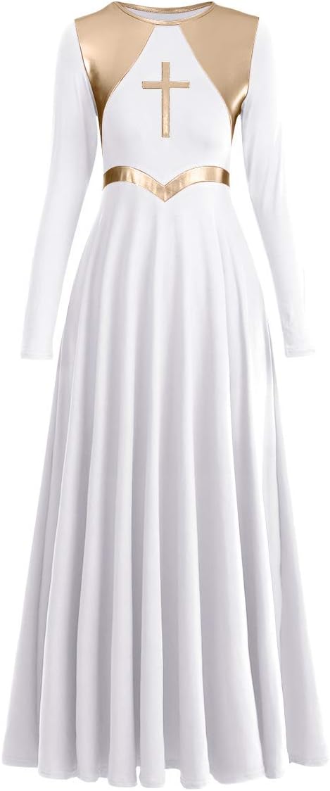 IBAKOM Womens Liturgical Praise Lyrical Dance Dress Loose Fit Full Length Long Sleeve Metallic Worship Costume Ballet