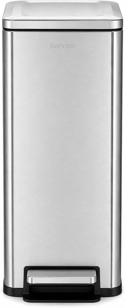 Step N Sort Slim Dual Recycling Bin 43L (2 x 21.5L) Soft Close Kitchen Trash Can Space Saving Stainless Steel Removable Buckets