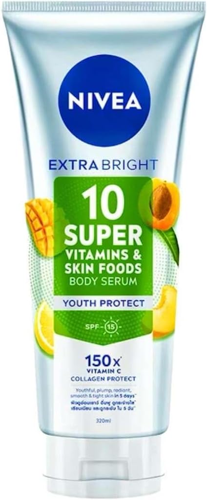 NIVEA Extra Bright Body Serum, 320 ml, 10 Super Vitamins, Youth Protect