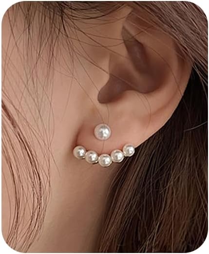 Pearl Jacket Earrings 925 Sterling Silver Ball Ear Earrings Jacket for Women Trendy Front Back Earrings Dainty Earring Jackets for Women (White)