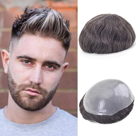 Lordhair Toupee for Men Natural Skin Base Hair Pieces Hair Replacement Dark Brown with 5% Grey Synthetic Hair