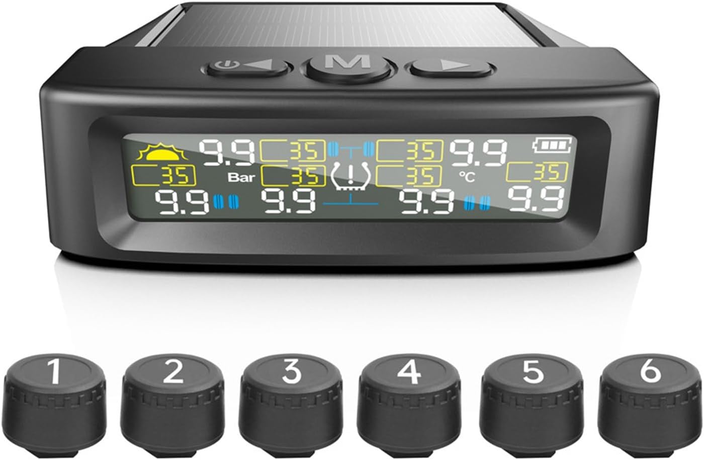 Tire Pressure Monitoring System，T12 TPMS Wireless Solar Monitor with 6 Tire Sensors 6 Alarm Modes LCD Display Auto Sleep Mode for Trailer Truck Off Road Pickup6 Sensors, External 0-144PSI