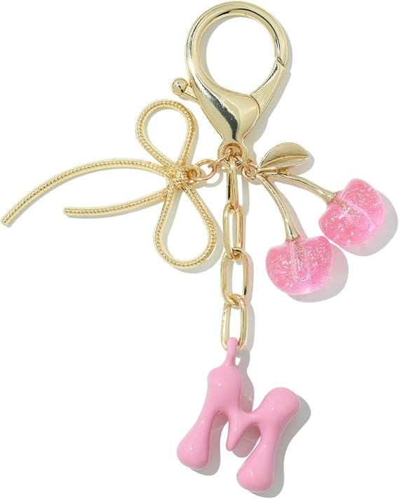 Deinduser Black Cherry/Pink Bubble Initial Keychain, Cherry Bag Charm