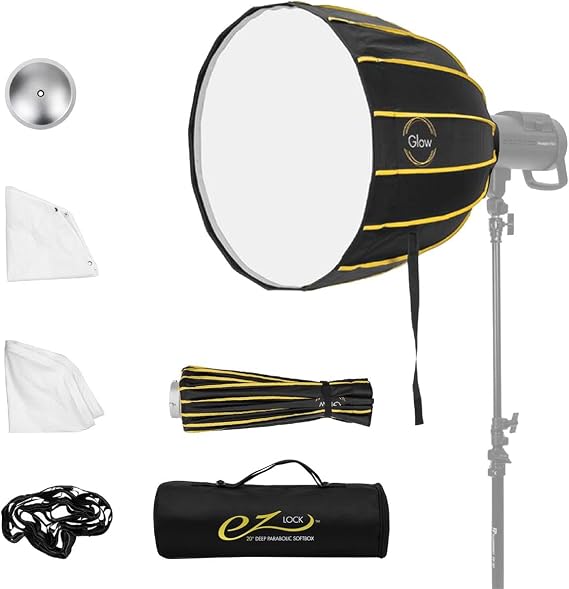 Glow EZ Lock 20" Deep Parabolic Quick Softbox, 16-Sided Parabolic Softbox Opens Up and Closes Down 'Umbrella' Style, this Bowens Mount Softbox with Quick Speedring Swap is an Ideal Speedlight