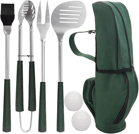 POLIGO 7PCS Golf-Club Style BBQ Tool Set Grilling Tools with Rubber Handle - Stainless Steel Grill Accessories for Outdoor Grill Set Premium Grill Utensils Set Fathers Day Birthday Gifts for Men Green