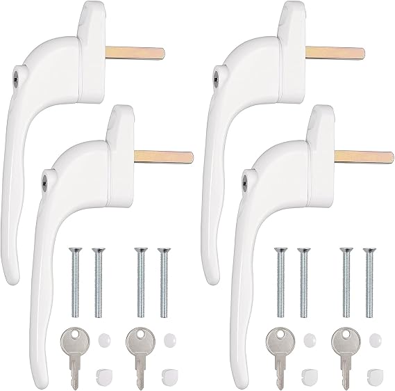 Kamtop 4 PCS Window Handles, Universal Lockable Inline Replacement Window Handles with Key, Aluminum Left or Right Espag Handles for UPVC Window with 43mm Spindle Length, White | Aluminium inline replacements with keys, reversible left or right fitting, for home, office and double-glazed windows