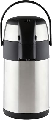 Pioneer 2.2L Stainless Steel Push-Pump Airpot, Leakproof Flask for Hot and Cold Drinks, Easy Pump Drink Dispenser for Events, Grey
