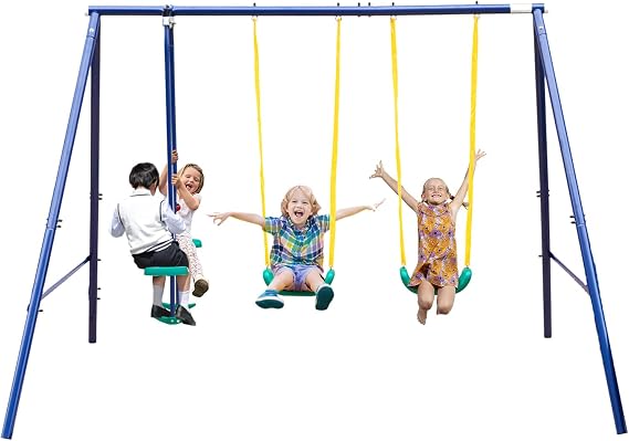 Metal Double Swing Sets, Outdoor Heavy Duty A-Frame Suitable for Playground and Backyard, for Kids of Ages 3-8, Hold up to 400lbs, Blue