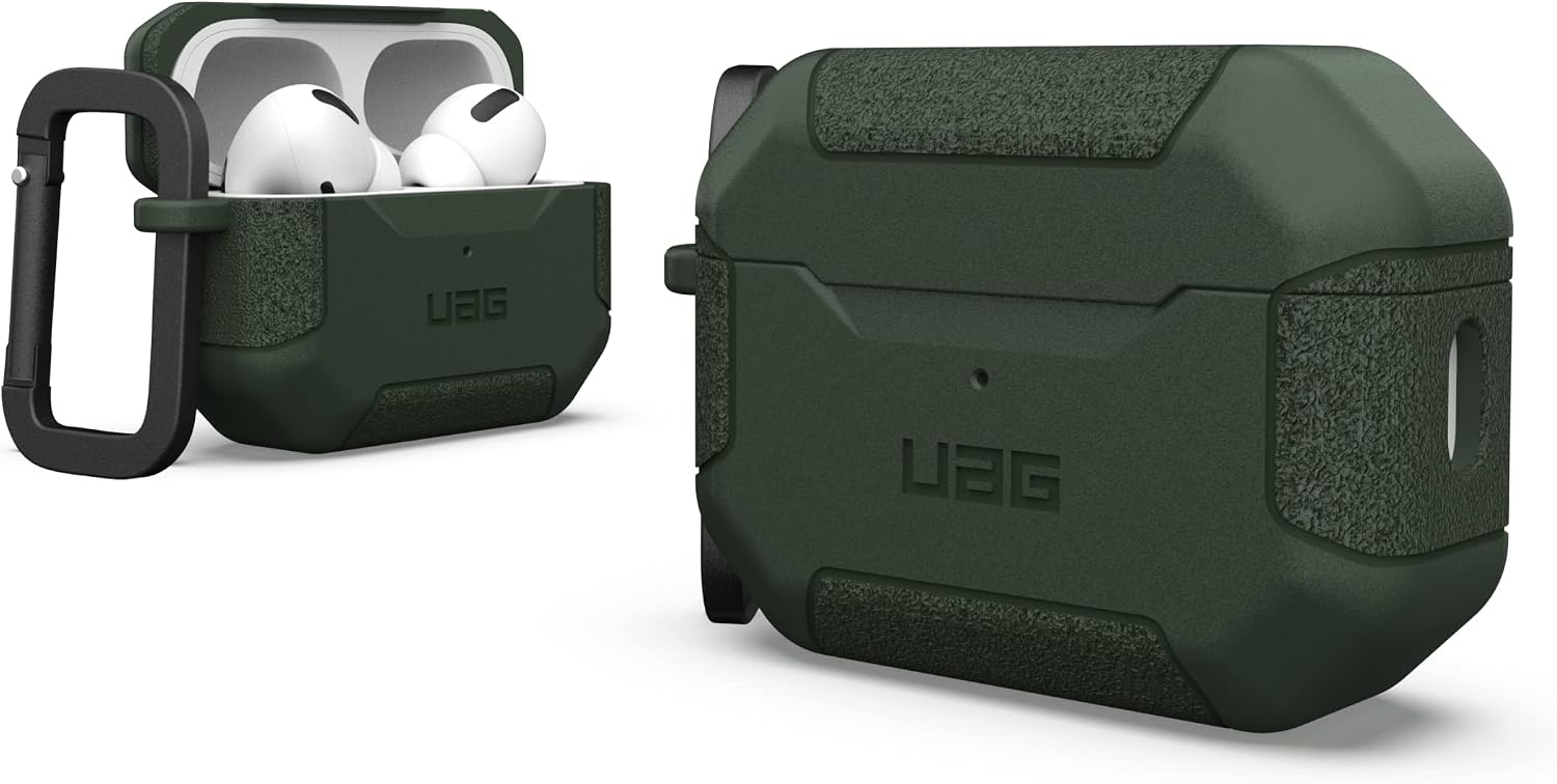 Urban Armor Gear Scout Case für die Apple AirPods Pro 2022 Hülle [Wireless-Charging kompatibel/Status LED sichtbar Strukturiertes TPU Abnehmbarer Karabinerhaken] Olive