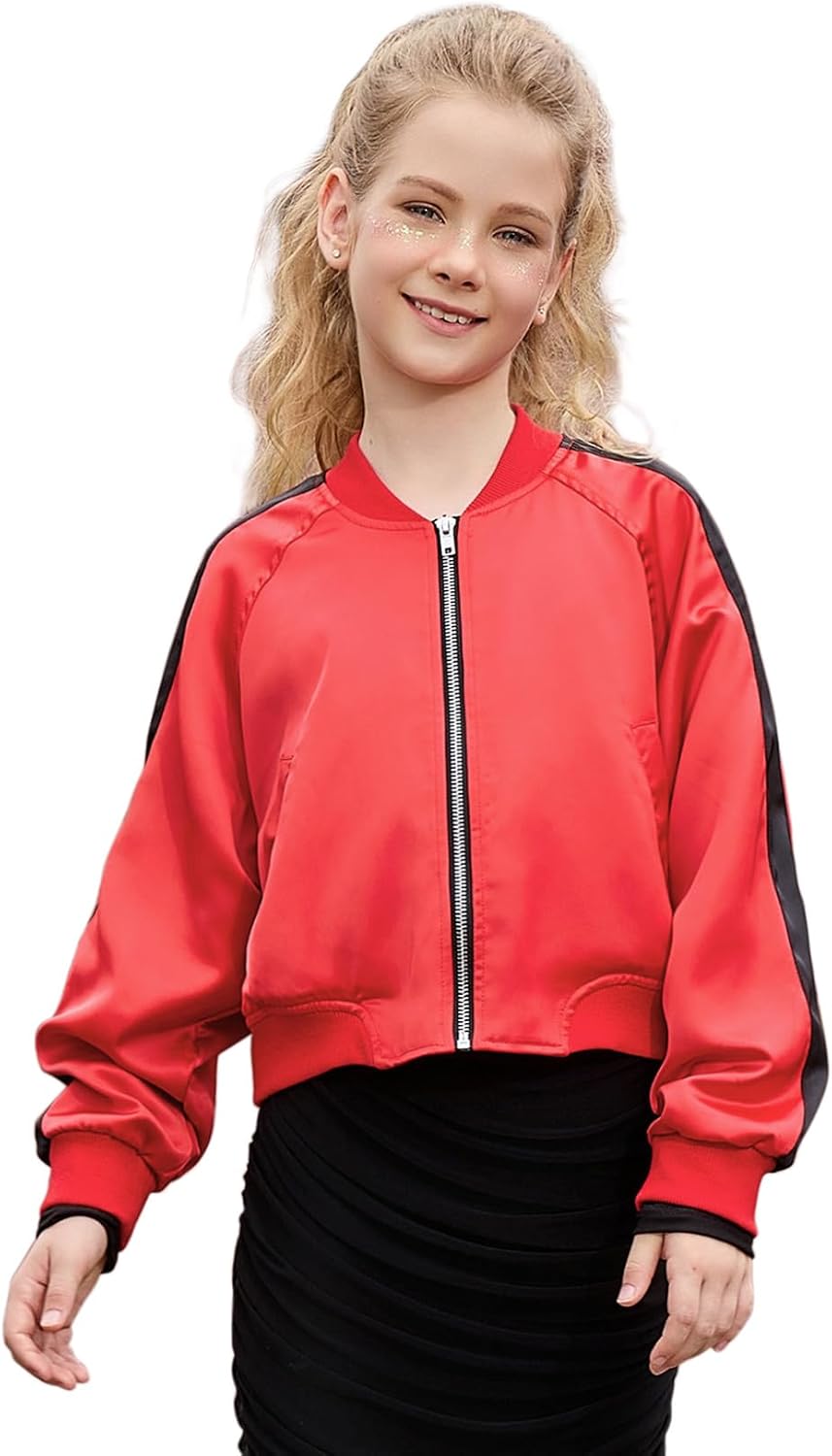 Perfashion サテン ボンバージャケット 女の子用 ジップアップ バーシティ クロップドコート キラキラ ウインドブレーカー ポケット付き 4-13歳