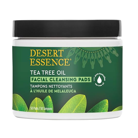 Desert Essence Tea Tree Oil Facial Cleansing Pads, 50 Count | Pre-Moistened Cleansing Pads with Witch Hazel, Lavender and Chamomile