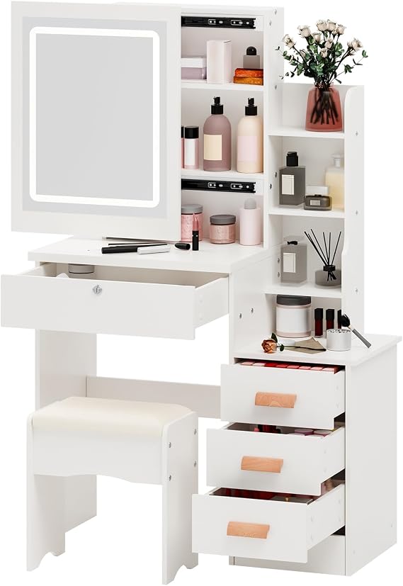 Vanity Table with Adjustable 3 Color Brightness Adjustment Sliding Lighted Mirror, Dressing Table Set with Drawers And Hidden Storage Shelves, Dorm