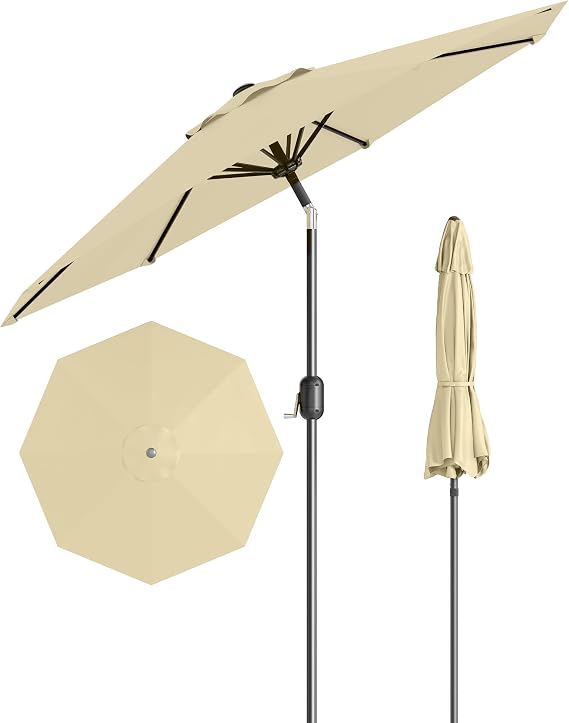 10FT Patio Umbrella Outdoor, Market Umbrella, Table Umbrella with Push Button Tilt and Crank, 8 Sturdy Ribs UV Protection Waterproof for Garden, Pool, Deck, Backyard (Beige)