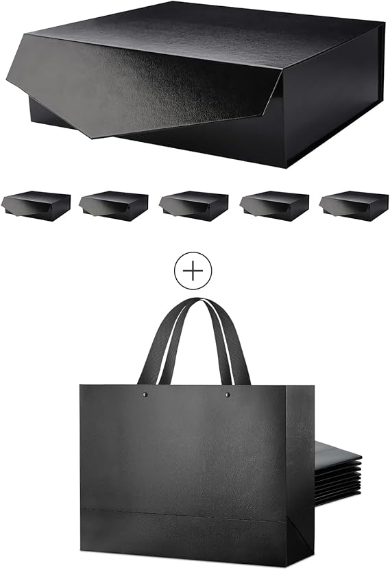 PACKHOME 6 Large Gift Boxes with Lids 13.5x9x4.1 Inches with 10 Large Gift Bags 14.5x5x10.5 Inches (BLACK)