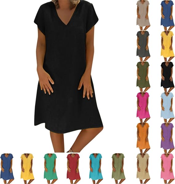 Women's Cotton Linen Dresses Summer Cup Sleeve Comfy Travel Sundresses Beach Wear Trendy Spring Vacation Clothes 2026