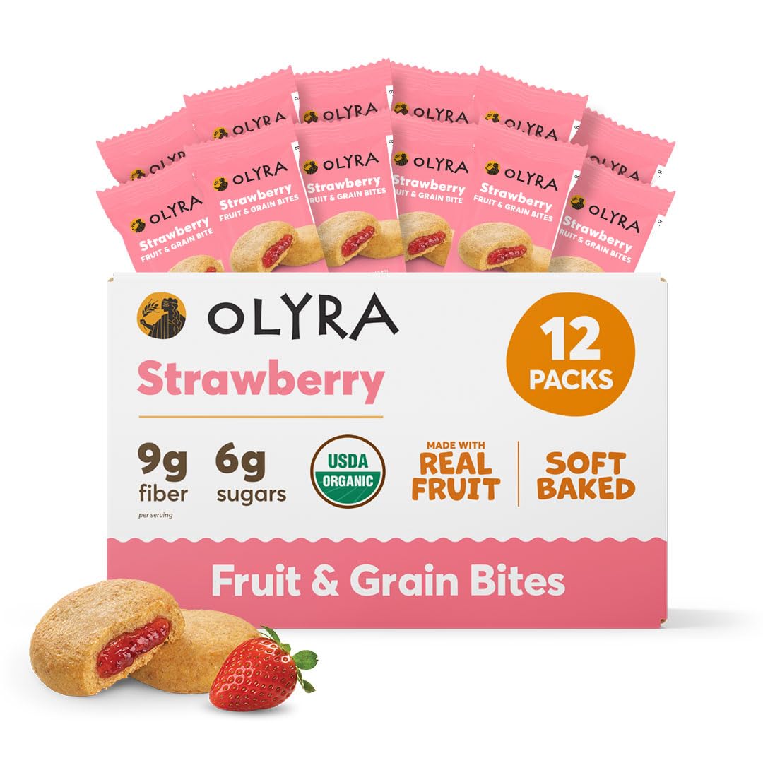 Olyra Strawberry Organic Fruit Snacks, Healthy Snacks for Adults and Kids, High Fiber Soft Cookies, Low Sugar, Vegan, Office Breakfast Bars, USDA Certified Organic, Non GMO Pack of 12
