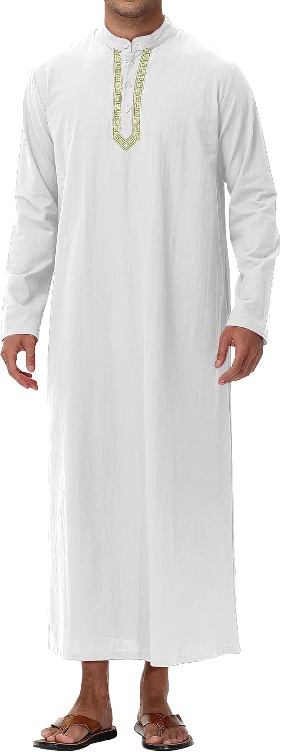 NANAMEEI Thobe for Men Long Sleeve Muslim Kaftan Cotton Linen Islamic clothing Mens Caftan M-3XL