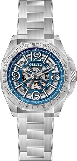 OBLVLO Luxury Automatic Watch, Skeleton Dial, Stainless Steel Band, Greek Pattern Bezel, Silver