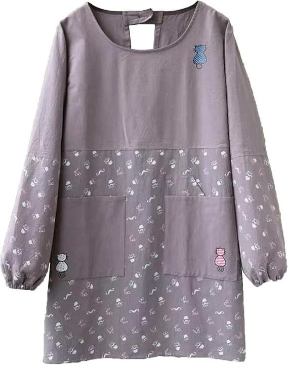 FYYSJW Aprons for Women with Pockets, Cotton And Linen Long Sleeve Aprons,Chef Cooking Cute Work Apron for Teens Adult Smock