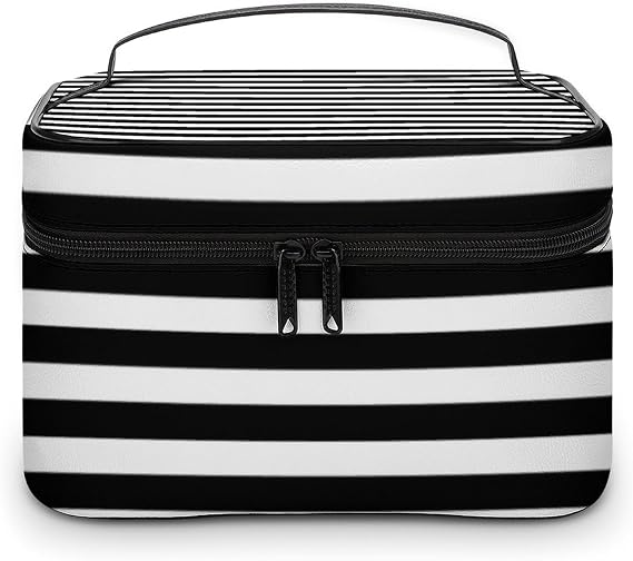 Leather Cosmetic Case, Classic Elegant Modern Black and White Striped Portable Makeup Bag Organizer Large Capacity Travel Toiletry Bag with Zipper